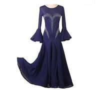 WJREGG Abiti da Ballo Classici da Sala per Donna Gonna da Allenamento Moderna con Scollo Rotondo Costume da Spettacolo di Valzer A Maniche Lunghe con Tromba con Strass Senza Schienale,Navyblue,XL