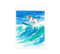 WJWART Dipinto ad acquerello di un cane che fa surf sul mare, tela poster decorazione camera da letto paesaggio decorazione regalo 20 x 30 cm