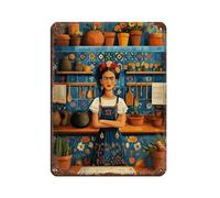 WJWART Frida Kahlo's Stove Corner con Molcajete e barattolo di tamarindo, poster in metallo, stile retrò, arte chic, pittura in ferro, decorazione da parete per bar, grotte, caffetterie, garage