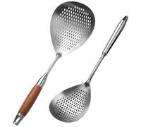 wkao 2 cucchiai da cucina scanalati con design a paletta, in acciaio inossidabile e manico in legno, per friggere, noodles e preparazione di ravioli