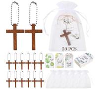 wkao Set di 50 portachiavi a forma di croce in legno, regali commemorativi per gli ospiti, portachiavi con croce con etichette di gratitudine, sacchetti in organza per funerali e celebrazione della