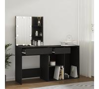 WKIEQACO Tavolo da toeletta a LED con armadietti in legno nero ingegnerizzato e unità di vanità per camera da letto