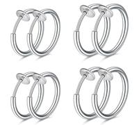WKRTDY Set di 4 paia di orecchini finti senza buco in acciaio inossidabile per uomo, donna e bambina, Orecchini clip, cerchio, anello ear cuff, per creare un look moderno e senza piercing, argento