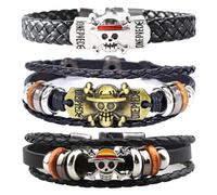 WKxinxuan One Piece Braccialetti Merch 3 Pcs Bracciale avvolgente con One Piece occhio del diavolo con Accessori a Forma di Teschio e in Pelle Tressata bello Regalo Decorazione