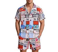 WKZSXXMJ Set da Uomo A Due Pezzi,Composto da Camicia A Maniche Corte con Bottoni E Stampa Giornale E Pantaloncini,Outfit Estivi per Vacanze Hawaiane al Mare(S)