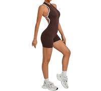 WKZSXXMJ Sexy Senza Maniche con Mezza Zip Tuta Intera Elasticizzata Cuscinetti Rimovibili Scrunch Abiti Da Yoga per Palestra,Fitness,Jogging(Brown,S)