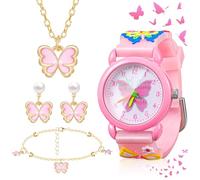 wlertcop Set di orologi e gioielli per bambini - Orologio da polso rosa con farfalla in stile cartone animato con collana, braccialetto, orecchini, regalo di compleanno per bambini, regalo per la