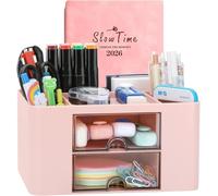 Wlevzzor Organizer da scrivania creativo e semplice con 7 griglie, organizer da tavolo in plastica con cassetto - Portapenne multifunzionale per scuola, ufficio e casa (Rosa)