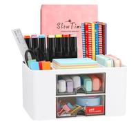 Wlevzzor Organizer da scrivania creativo e semplice con 7 griglie, organizer da tavolo in plastica con cassetto - Portapenne multifunzionale per scuola, ufficio e casa (Bianco)
