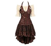 WLFFW Bustino Corsetto Gonna Camicetta Pelle Donna Steampunk Corpetto Costume (EU(38-40) XL, Brown Beige)