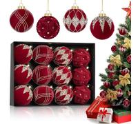WLH Alexanders 12 Palline di Natale in Velluto da 8 cm, Decorazioni Natalizie Rosse floccate, Decorazioni a Sfera in plastica infrangibile(Rose Red)