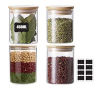 WLHFDC Overnight Oats - Set di 4 barattoli in vetro con coperchio, ermetici, 500 ml, con coperchio in bambù, per chicchi di caffè, cereali, noci, tè, erbe aromatiche