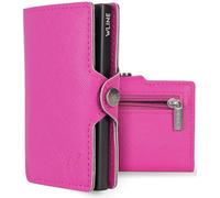 WLine Portafoglio Donna Piccolo con Portamonete Rfid Compatto ed Elegante - Porta Carte di Credito Donna e Uomo Schermato in Pelle PU - Portatessere Tascabile (Fucsia e Nero Saffiano, Con Zip)