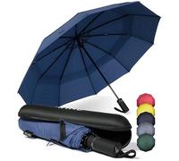 WLine Wind Ombrello Pieghevole Antivento da Pioggia con 10 Aste Rinforzate e Tela Idrorepellente 210T - Ombrello Portatile Resistente Apri e Chiudi Automatico, Diametro 104cm (Blu con Custodia)