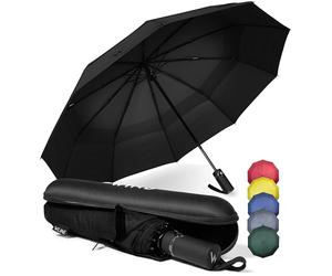 WLine Wind Ombrello Pieghevole Antivento da Pioggia con 10 Aste Rinforzate e Tela Idrorepellente 210T - Ombrello Portatile Resistente Apri e Chiudi Automatico, Diametro 104cm (Nero con Custodia)