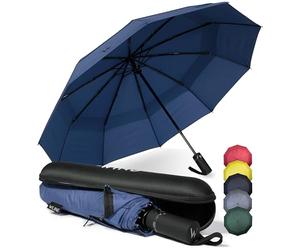 WLine Wind Ombrello Pieghevole Antivento da Pioggia con 10 Aste Rinforzate e Tela Idrorepellente 210T - Ombrello Portatile Resistente Apri e Chiudi Automatico, Diametro 104cm (Blu con Custodia)