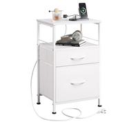 WLIVE Comodino con funzione di ricarica, tavolino con 2 porte USB e 2 prese, 3 ripiani, comodino per camera da letto, soggiorno, ufficio (bianco)