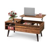 WLIVE Tavolino da caffè con piano rialzato per soggiorno, tavolino piccolo con contenitore, ripiano regolabile e vano portaoggetti, tavolo da soggiorno moderno di metà secolo, in legno, marrone