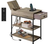 WLIVE Tavolino presa di corrente, comodino a 3 ripiani con contenitore, 2 prese CA, 2 porte USB, piano pieghevole, tavolino per soggiorno, studio, grigio