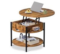 WLIVE Tavolino Rotondo Sollevabile con 3 Ripiani - Piano Alzabile con Meccanismo Morbido e Silenzioso, Scomparto Segreto - 68x68x49 cm, 50 kg, Quercia Rustica