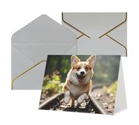 WLKSNBVD Biglietto di auguri con buste, cane Corgi che corre sulla ferrovia, biglietto di ringraziamento 10 x 15 cm, per compleanno, baby shower, congratulazioni, matrimoni, ringraziamenti, tutte le