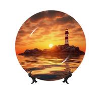 WLKSNBVD Piatto decorativo da 17,8 cm in porcellana Bone China, con faro marino al tramonto, piatti piani in ceramica con espositore, ornamenti in ceramica artistica piatto in porcellana per casa