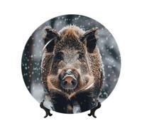 WLKSNBVD Piatto decorativo in porcellana Bone China da 15,2 cm, con cinghiale, piatti piani in ceramica con espositore, ornamenti in ceramica per casa, ufficio, decorazione da parete, piatti da