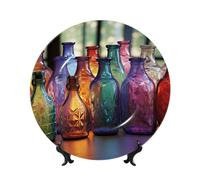 WLKSNBVD Piatto decorativo in porcellana Bone China da 17,8 cm, con bottiglia di vetro colorato, piatti piani in ceramica con espositore, ornamenti in ceramica per casa, ufficio, decorazione da parete