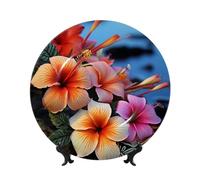 WLKSNBVD Piatto decorativo in porcellana Bone China da 17,8 cm, con fiori hawaiani, piatti piani in ceramica con espositore, ornamenti in ceramica per casa, ufficio, decorazione da parete, piatti da