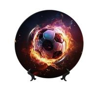 WLKSNBVD Piatto decorativo in porcellana Bone China da 17,8 cm, con motivo palla da calcio di fuoco, piatti piani in ceramica con espositore, ornamenti in ceramica per casa, ufficio, decorazione da