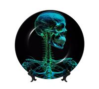 WLKSNBVD Piatto decorativo in porcellana Bone China da 17,8 cm, con scheletro verde, piatti piani in ceramica con espositore, ornamenti in ceramica per casa, ufficio, decorazione da parete, piatti da