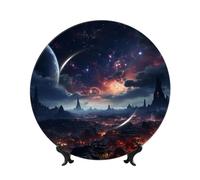 WLKSNBVD Piatto decorativo in porcellana Bone China da 17,8 cm, con stelle spaziali, piatti piani in ceramica con espositore, ornamenti in ceramica per casa, ufficio, decorazione da parete, piatti da