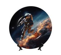 WLKSNBVD Piatto decorativo in porcellana Bone China da 20,3 cm, con astronauta che vola nello spazio, piatti piani in ceramica con espositore, ornamenti in ceramica per casa, ufficio, decorazione da