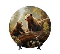 WLKSNBVD Piatto decorativo in porcellana fine da 15,2 cm, con graziosi orsetti che giocano sull'albero, piatti piani in ceramica con espositore, ornamenti in ceramica artistica piatto in porcellana