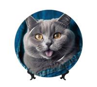 WLKSNBVD Piatto decorativo in porcellana fine da 15,2 cm, gatto blu che sporge la lingua, piatti piani in ceramica con espositore, ornamenti in ceramica per casa, ufficio, decorazione da parete