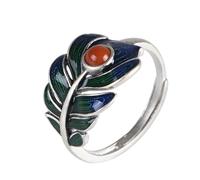 WLLDDDIU Anelli D'Argento,Anelli Aperti Regolabili in Argento Sterling 925 da Donna, Stile Vintage, con Piuma Che Gocciola Olio, intarsi in Agata Rossa Del Sud, per Cene, Feste, Matrimoni, dita, Reg