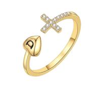 WLLDDDIU Anello Regolabile Aperto con Lettera iniziale in Argento Sterling 925 per Donna, Placcato Oro 14K, con Croce e Zirconi Cubici, Amuleto con Cerchietto Impilabile con Alfabeto, Gioielli, Rega
