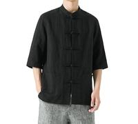 WLLDDDIU Camicia Uomo Maniche Corte, Camicia in Cotone e Lino in Stile Cinese per Uomo, Stile retrò, con Colletto Alto, Manica A Tre Quarti, Cardigan, Giacca da Kung Fu per Arti Marziali Cinesi, Ca