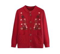 WLLDDDIU Cardigan Lavorato A Maglia per Signore Anziane, Caldo Maglione Foderato in Pile, Giacca con Ricamo Floreale, Maglione Casual per Signora Anziana, Cardigan per Autunno Inverno, Abbigliamento