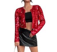 WLLDDDIU Giacca Corta da Donna con Paillettes Giacca Casual A Maniche Lunghe Aperta Davanti Elegante Giacca Glitter Slim Fit Capio da Serata Y2K Lucido per Club Wedding Red L