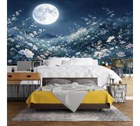 WLLDDDIU Moonlight Wild Mural A Fiori da Parete, Murale Panoramico 3D Autoadesivo personalizzato Mural Impermevole Impermeabile Cielo Notturno Blu Luna Piena Vinile per Soggiorno Camera da Letto Lo