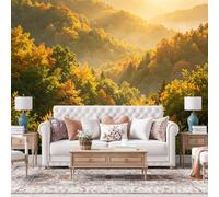 WLLDDDIU Murale Della Golden Autumn Mountain Forest Mural, Murale Panoramico Autoadesivo 3D, Carta da Parati in Vinile Scenografica Soft Sunrise Woodland per Soggiorno, Camera da Letto, Casa