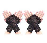 WLLHYF 2 paia di guanti in pizzo da donna neri a taglio corto senza dita guanti per Halloween guanti da dita per ragazze matrimonio damigella d'onore cosplay party ballo maschera accessori, Nero , 17