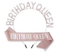 WLLHYF Compleanno Queen Sash Set di Fascia per Capelli in Cristallo con Strass Tiara Bling Glitter Corone Fascia per Capelli Principessa Tiara Dolce Decorazioni di Buon Compleanno per Donne Ragazze