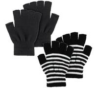 WLLHYF Guanti unisex a mezze dita, 2 paia di guanti invernali elasticizzati a maglia a mezza dita, senza dita, per uomo e donna, Nero + strisce bianche e nere, Taglia unica