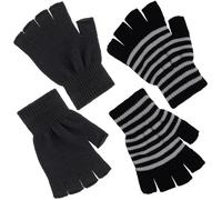 WLLHYF Guanti unisex mezze dita, 2 paia, invernali, elastici, in maglia, mezze dita, guanti touch screen, guanti senza dita, da uomo e da donna, Strisce nere e grigie, 15.5cm long and 11cm wide
