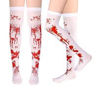WLLHYF Halloween Calze Insanguinate Cosplay Calzini Alti Bianco e Rosso Macchiato di Sangue Costume Calze Horror Sopra Il Ginocchio Coscia Calze Lunghe per Donne Ragazze Halloween Party Cosplay