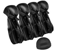 WLLHYF Set di 4 Cappelli Ondulati in Seta e 1 Rotondo Durag - Cappello da Pirata Ultra Morbido, Extra Lungo, Elastico - Nero