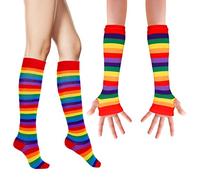 WLLHYF Set di Calzini a Righe Arcobaleno a Maniche Lunghe Sopra il Ginocchio Calze per Cosce più Calde Senza dita Elastiche Cosplay Accessori Halloween Natale Capodanno Costumi donna e Ragazza