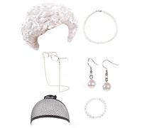 WLNEXT Vecchia Signora Parrucche Costume Set Grannys Parrucche Costume Grannys Occhiali Collana Catena Nonna Nonna Nonna Parrucche Vecchia Signora Costume sette pezzi bianco cu